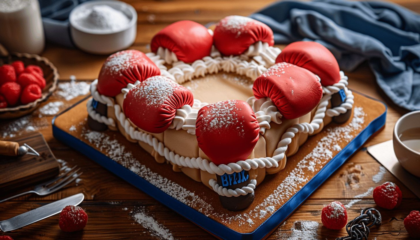 Préparation d'un gâteau original en forme de ring de boxe